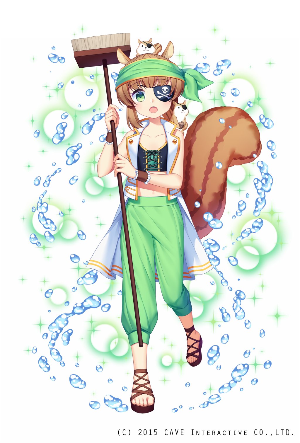 1girl :o acorn animal animal_ears animal_on_head animal_on_shoulder bandanna bare_shoulders blush breasts broom brown_hair clothed_animal collared_vest eyebrows_visible_through_hair eyepatch full_body gothic_wa_mahou_otome green_eyes green_pants highres holding holding_broom jenevan midriff navel no_socks official_art on_head open_clothes open_vest pants pirate puffy_pants round_teeth sandals short_hair small_breasts solo sparkle squirrel squirrel_ears squirrel_tail standing standing_on_one_leg tail teeth vest watermark white_background white_vest wristband