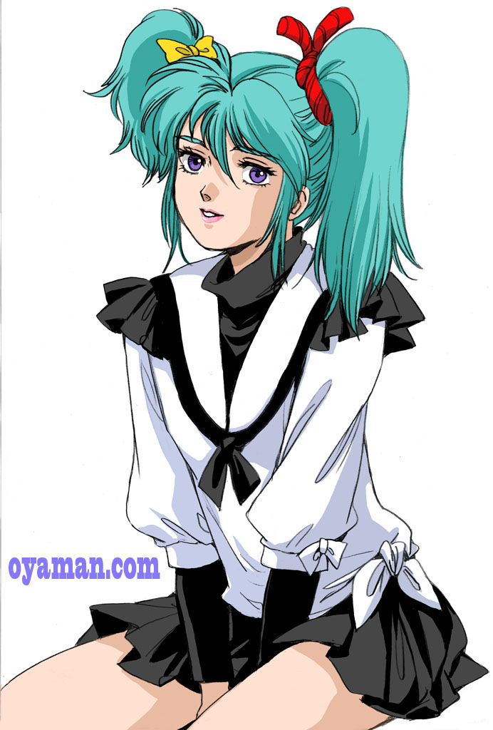 1girl 80s aqua_hair char's_counterattack gundam lipstick makeup oldschool oyaman quess_paraya ribbon sailor_collar sitting skirt smile solo twintails uneven_twintails violet_eyes watermark white_background