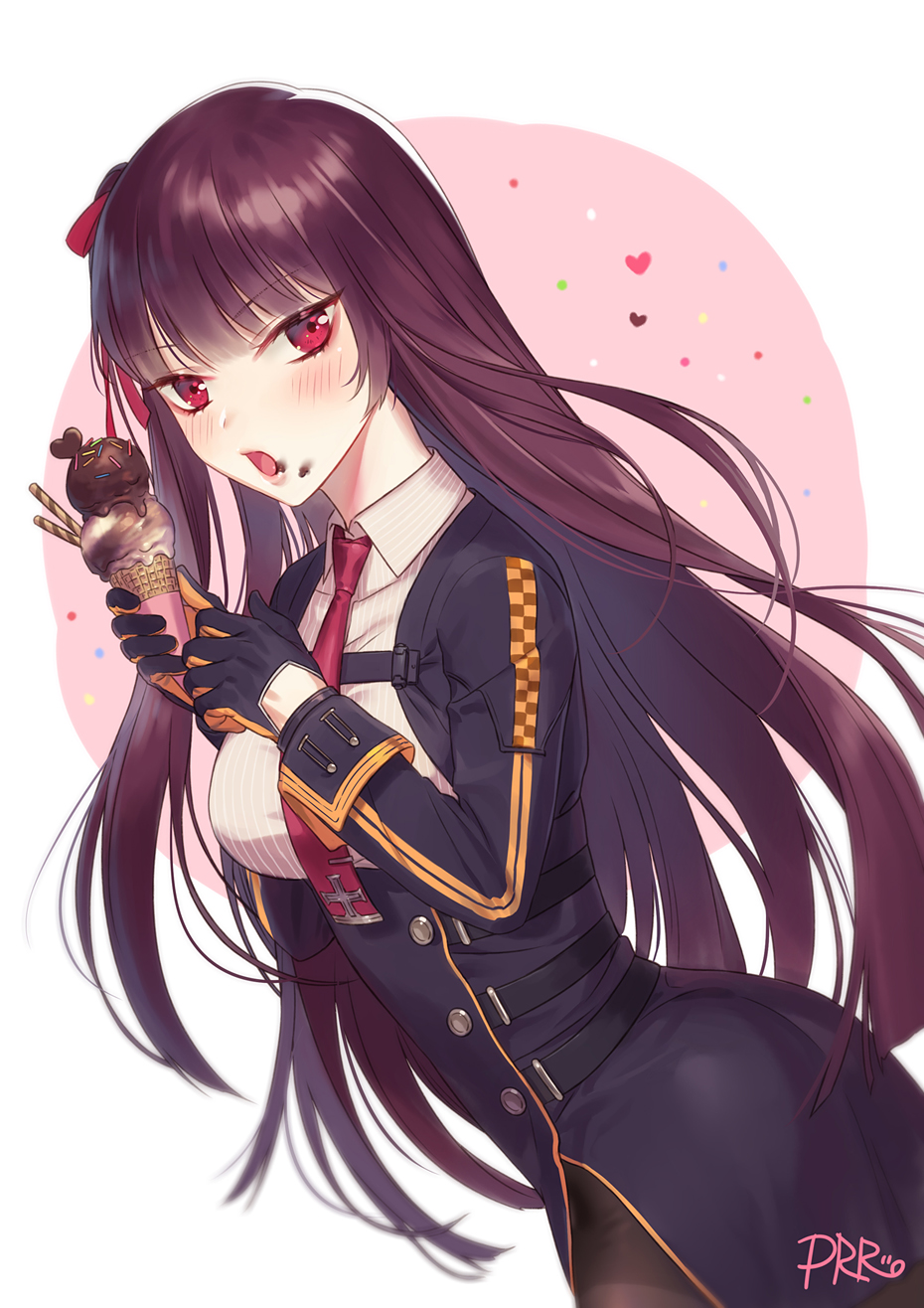 1girl ass bangs black_gloves black_legwear black_skirt blazer blunt_bangs blush breasts chocolate_hair collared_shirt cream cream_on_face double_scoop eyebrows_visible_through_hair flying_heart food food_on_face framed_breasts from_side girls_frontline gloves hair_ribbon half_updo heart highres holding holding_food ice_cream ice_cream_cone jacket large_breasts long_hair looking_at_viewer necktie one_side_up open_mouth pantyhose prrr purple_hair red_eyes red_neckwear red_ribbon ribbon shirt sidelocks signature simple_background skirt solo strap striped striped_shirt tsurime very_long_hair wa2000_(girls_frontline) white_background