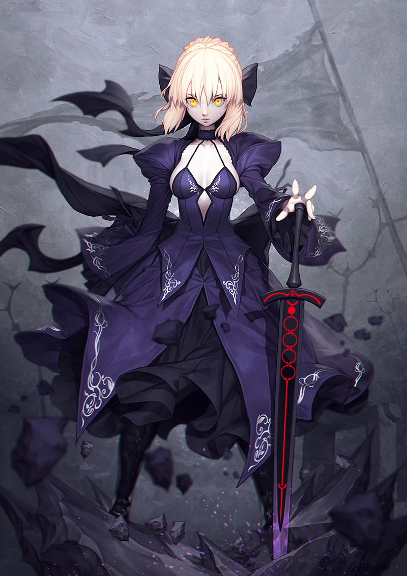 1girl artoria_pendragon_(all) bangs banner black_footwear black_ribbon blonde_hair blurry boots braid breasts closed_mouth collarbone commentary_request dark_excalibur debris depth_of_field dress eyebrows_visible_through_hair fate/grand_order fate_(series) french_braid full_body gothic_lolita grey_background hair_between_eyes hair_ribbon halterneck juliet_sleeves legs_apart lolita_fashion long_dress long_sleeves looking_at_viewer mandrill medium_breasts pale_skin planted_sword planted_weapon puffy_sleeves purple_dress ribbon saber_alter short_hair sidelocks solo sparks standing sword weapon wind yellow_eyes