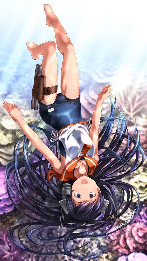 1girl barefoot black_eyes black_hair coral freediving full_body headgear i-400_(kantai_collection) kantai_collection long_hair name_tag open_mouth orange_sailor_collar sailor_collar sailor_shirt sakura_(medilore) school_swimsuit shirt sleeveless sleeveless_shirt solo swimsuit swimsuit_under_clothes underwater upside-down