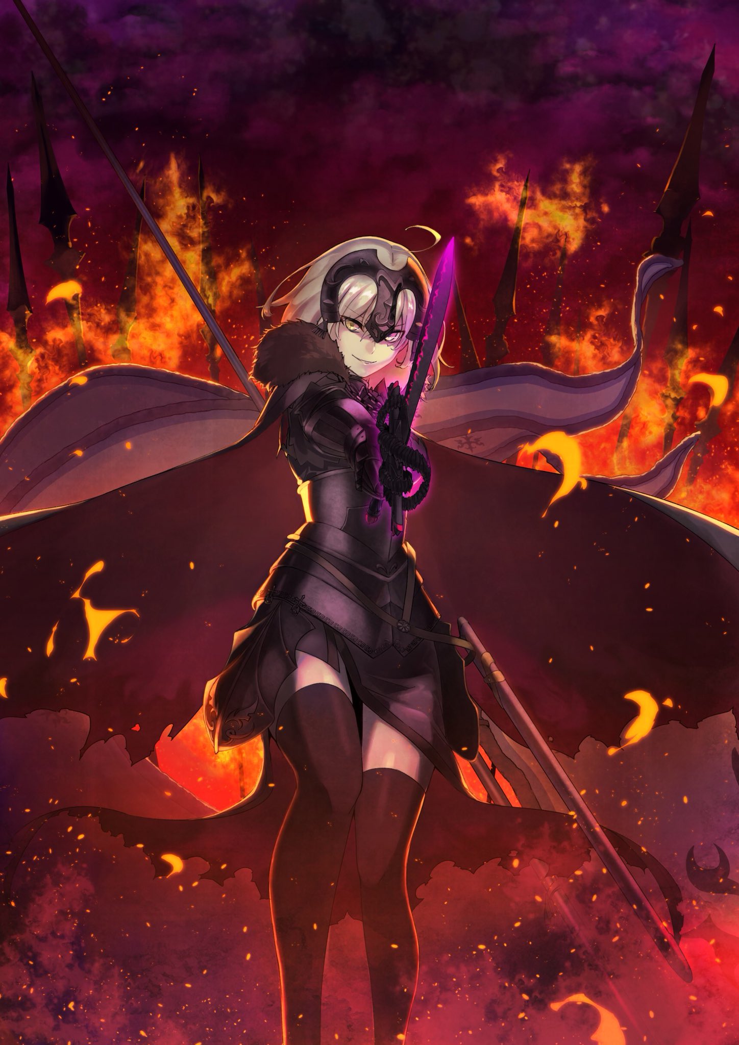 1girl ahoge akamiso_(k074510) armor armored_dress banner black_dress black_legwear cape dress eyebrows_visible_through_hair fate/grand_order fate_(series) fire fur_trim gauntlets hair_between_eyes highres holding holding_sword holding_weapon jeanne_d'arc_(alter)_(fate) jeanne_d'arc_(fate)_(all) long_hair looking_at_viewer outdoors short_dress silver_hair smile solo standing sword thigh-highs weapon yellow_eyes zettai_ryouiki