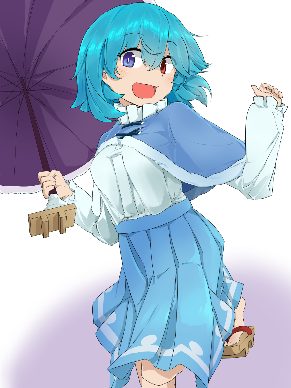 1girl adapted_costume blue_eyes blue_hair blue_skirt bow breasts bright_pupils capelet geta gradient gradient_background hair_bow hands_up heterochromia high-waist_skirt highres holding holding_umbrella long_sleeves looking_at_viewer medium_breasts open_mouth purple_background red_eyes skirt smile solo standing standing_on_one_leg tatara_kogasa touhou tyouseki umbrella white_background