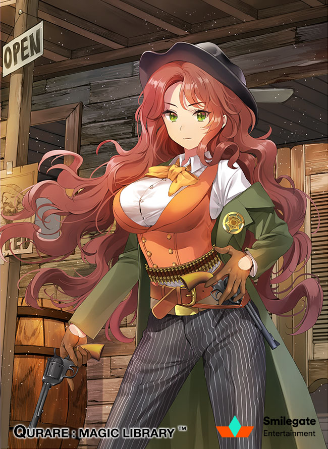 1girl ammunition_belt breasts brown_gloves character_request collared_shirt cowboy_hat cravat eyebrows_visible_through_hair gloves green_eyes gun handgun hat holster ice_(ice_aptx) large_breasts long_coat long_hair multiple_belts off_shoulder official_art pants pinstripe_pattern pistol qurare_magic_library redhead revolver sheriff sheriff_badge shirt solo striped very_long_hair vest wavy_hair weapon western