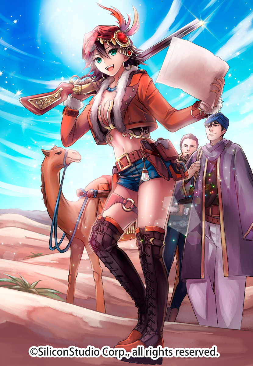 1girl 2boys belt boots breasts brown_hair camel cleavage company_name earrings feathers fur_trim gem gun gyakushuu_no_fantasica highres jewelry midriff multiple_boys navel official_art open_mouth sky sparkle sun teeth thigh-highs thigh_boots turban weapon yamagishi_chihiro