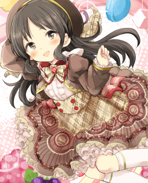 1girl :d arm_up bangs beret black_hair blush brown_eyes brown_hat brown_jacket brown_skirt center_frills commentary_request eyebrows_visible_through_hair frills hand_behind_head hat idolmaster idolmaster_cinderella_girls idolmaster_cinderella_girls_starlight_stage jacket juliet_sleeves kneehighs long_hair long_sleeves morina_nao open_mouth parted_bangs print_skirt puffy_sleeves shirt skirt sleeves_past_wrists smile solo sparkle tachibana_arisu very_long_hair white_legwear white_shirt
