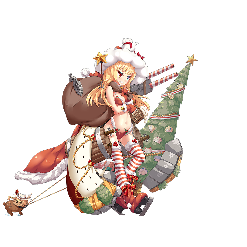 &gt;_&lt; 1girl ankle_boots artist_request barrel beer_keg beer_mug bell bikini blonde_hair boot_bow boots bow breasts cape carrying_bag carrying_over_shoulder christmas_tree cleavage dragging foam fur-trimmed_bikini fur-trimmed_boots fur-trimmed_cape fur-trimmed_gloves fur-trimmed_legwear fur_trim gloves grin hat hat_bow heterochromia high_heel_boots high_heels ice_skates living_clothes long_hair looking_at_viewer mistletoe nevada_(zhan_jian_shao_nyu) official_art oklahoma_(zhan_jian_shao_nyu) oversized_hat red_bikini red_bow red_gloves reindeer resisting revealing_clothes rigging sack santa_costume santa_hat skates smile snow_cat solo_focus spilling star striped striped_legwear swimsuit thigh-highs towing transparent_background tsurime turret zhan_jian_shao_nyu