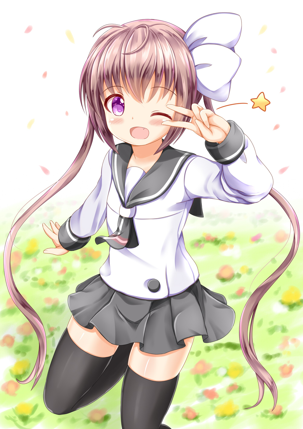 1girl :d black_legwear blurry blurry_background blush bow brown_hair commentary_request depth_of_field fang field flower flower_field grey_neckwear grey_skirt hair_bow highres long_hair long_sleeves looking_at_viewer momochi_tamate one_eye_closed open_mouth pleated_skirt red_flower school_uniform serafuku shirt skirt slow_start smile solo standing standing_on_one_leg star thigh-highs twintails v_over_eye very_long_hair violet_eyes white_bow white_shirt yellow_flower zenon_(for_achieve)