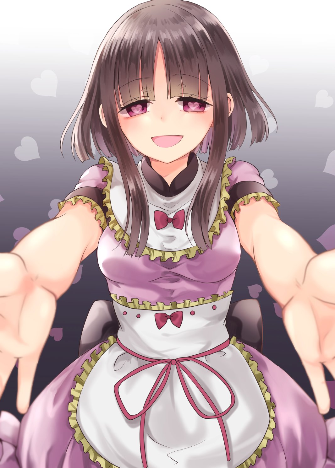 1girl apron bangs black_background blunt_bangs breasts brown_hair commentary_request dress eyebrows_visible_through_hair foreshortening gradient gradient_background heart heart-shaped_pupils highres looking_at_viewer medium_breasts mimoto_(aszxdfcv) nishida_satono open_mouth outstretched_arms pink_dress pink_eyes reaching red_neckwear shiny shiny_hair short_hair_with_long_locks short_sleeves smile solo symbol-shaped_pupils touhou white_background