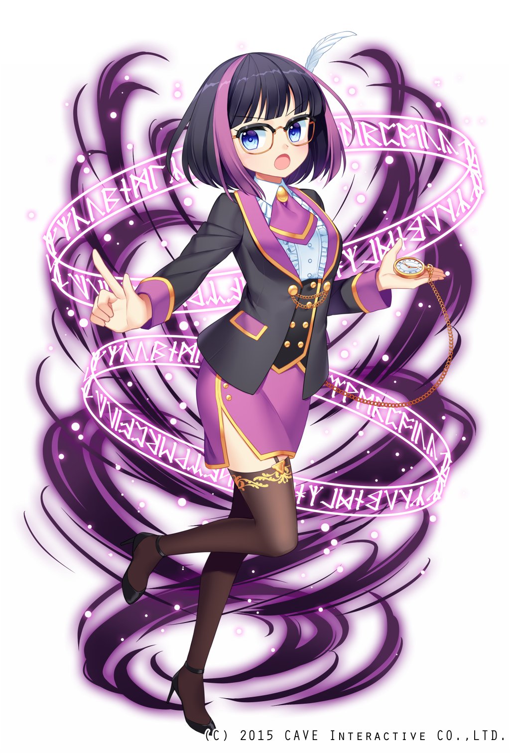 1girl :o ascot bangs black_footwear black_hair black_jacket blue_eyes blunt_bangs blush brown_legwear chains full_body garter_belt glasses gothic_wa_mahou_otome high_heels highres holding index_finger_raised jacket jenevan long_sleeves multicolored_hair official_art open_clothes open_jacket open_mouth pencil_skirt purple_hair purple_neckwear purple_skirt shirt short_hair skirt solo standing standing_on_one_leg stopwatch streaked_hair thigh-highs watch watermark white_background white_shirt wing_collar