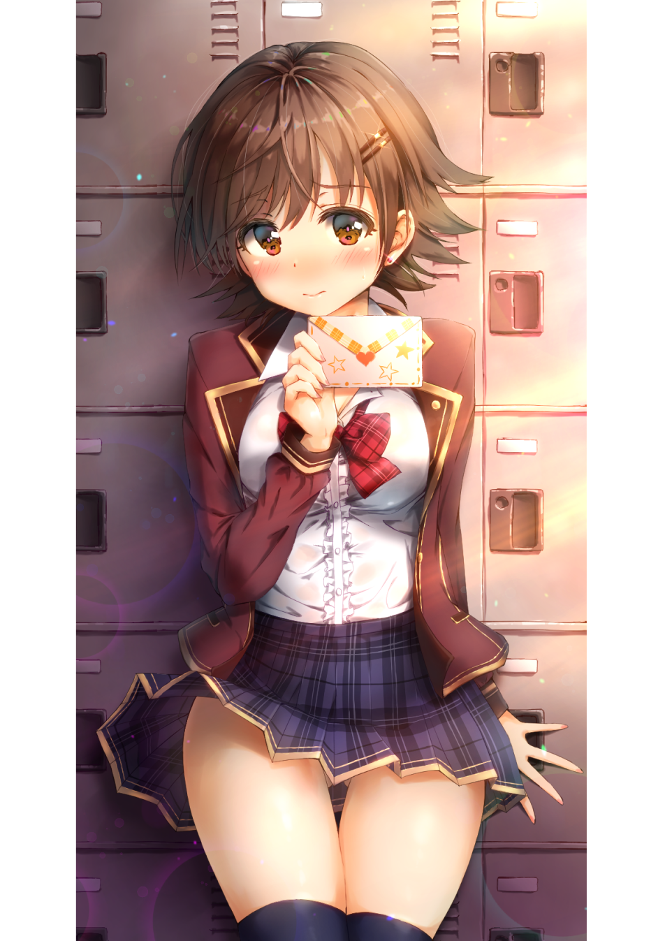1girl against_locker black_legwear blazer blue_skirt blush bow bowtie breasts brown_eyes brown_hair brown_jacket center_frills closed_mouth earrings eyebrows_visible_through_hair frills glint heart highres holding_letter honda_mio idolmaster idolmaster_cinderella_girls jacket jewelry kuria_(clear_trip_second) lens_flare letter locker long_sleeves looking_at_viewer love_letter medium_breasts nail_polish nervous_smile nose_blush open_blazer open_clothes open_jacket pink_nails plaid plaid_bow plaid_neckwear plaid_skirt raised_eyebrows red_bow red_neckwear school_uniform shiny shiny_skin shirt short_hair skirt solo stud_earrings tareme thigh-highs thigh_gap thighs white_shirt