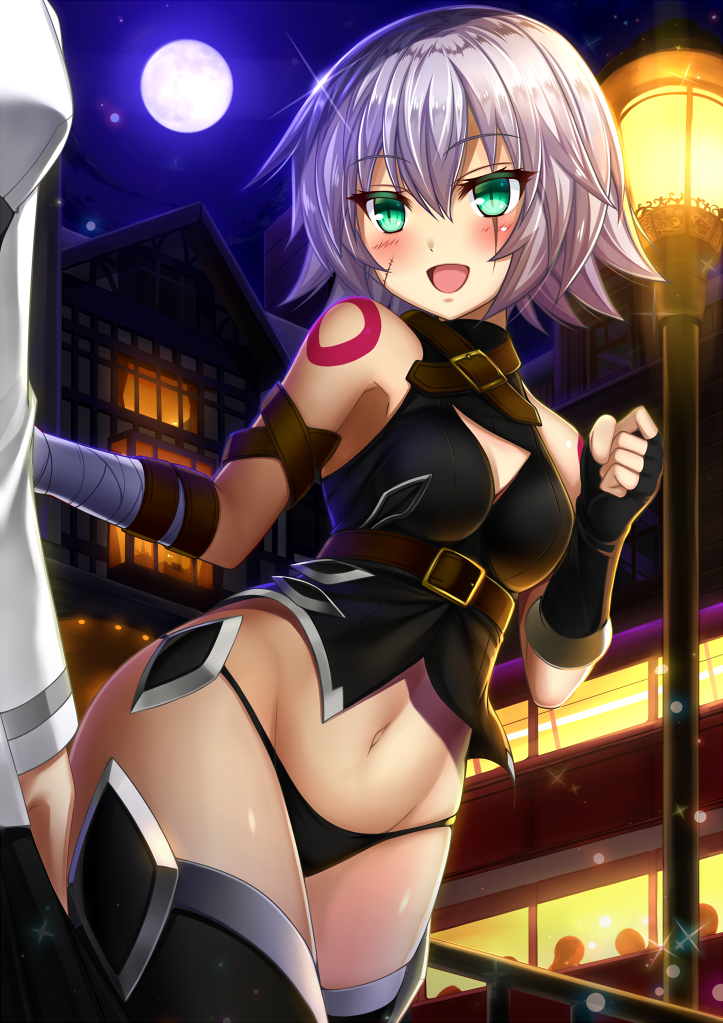 1girl :d armpits backlighting bangs bare_shoulders black_gloves black_legwear black_panties black_vest blush breasts buckle building cleavage cleavage_cutout colored_eyelashes cowboy_shot elbow_gloves eyebrows_visible_through_hair facial_scar fate/grand_order fate_(series) fingerless_gloves fujimaru_ritsuka_(female) full_moon gloves green_eyes house jack_the_ripper_(fate/apocrypha) lamppost long_sleeves looking_to_the_side moon navel night night_sky no_pants open_mouth out_of_frame outdoors panties scar scar_across_eye shibata_rai short_hair shoulder_tattoo silhouette silver_hair single_elbow_glove single_fingerless_glove sky sleeveless small_breasts smile solo_focus sparkle standing stomach tattoo thigh-highs thighs tsurime underbust underwear vest