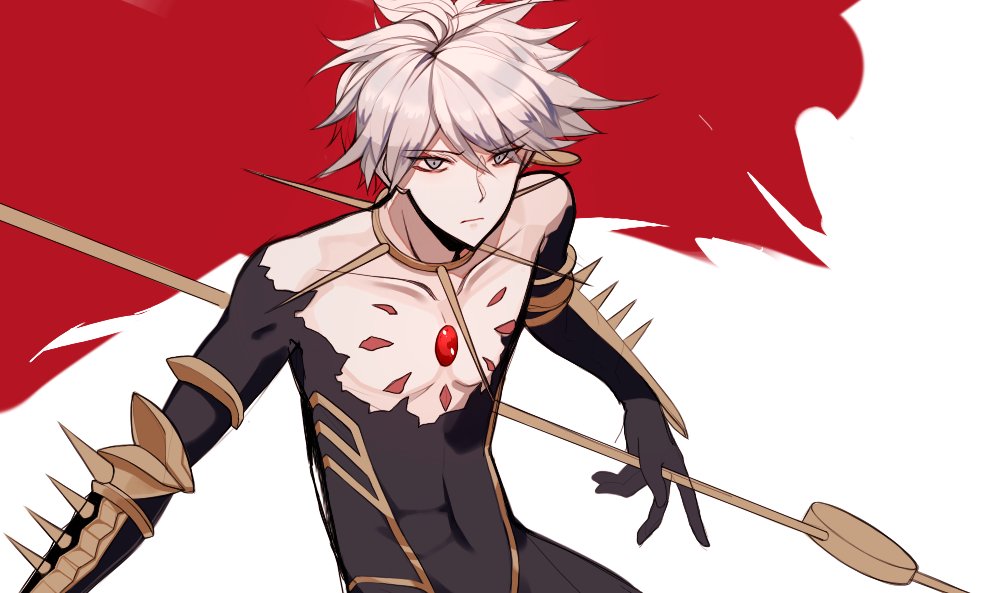 1boy bodysuit cape closed_mouth collar commentary_request eyebrows_visible_through_hair fate/apocrypha fate_(series) gem grey_eyes hair_between_eyes holding holding_weapon hona_(pixiv7939518) karna_(fate) looking_at_viewer metal_collar polearm purple_hair red_cape solo spikes upper_body weapon white_background