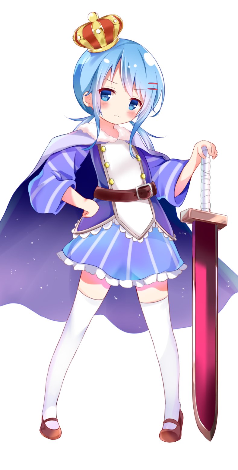 1girl belt blue_eyes blue_hair blush cape character_request commentary_request copyright_request crown eyebrows_visible_through_hair frown full_body hair_ornament hairclip hand_on_hip highres legs_apart long_hair low_twintails nagomi_yayado shoes simple_background solo standing sword thigh-highs twintails weapon white_background white_legwear