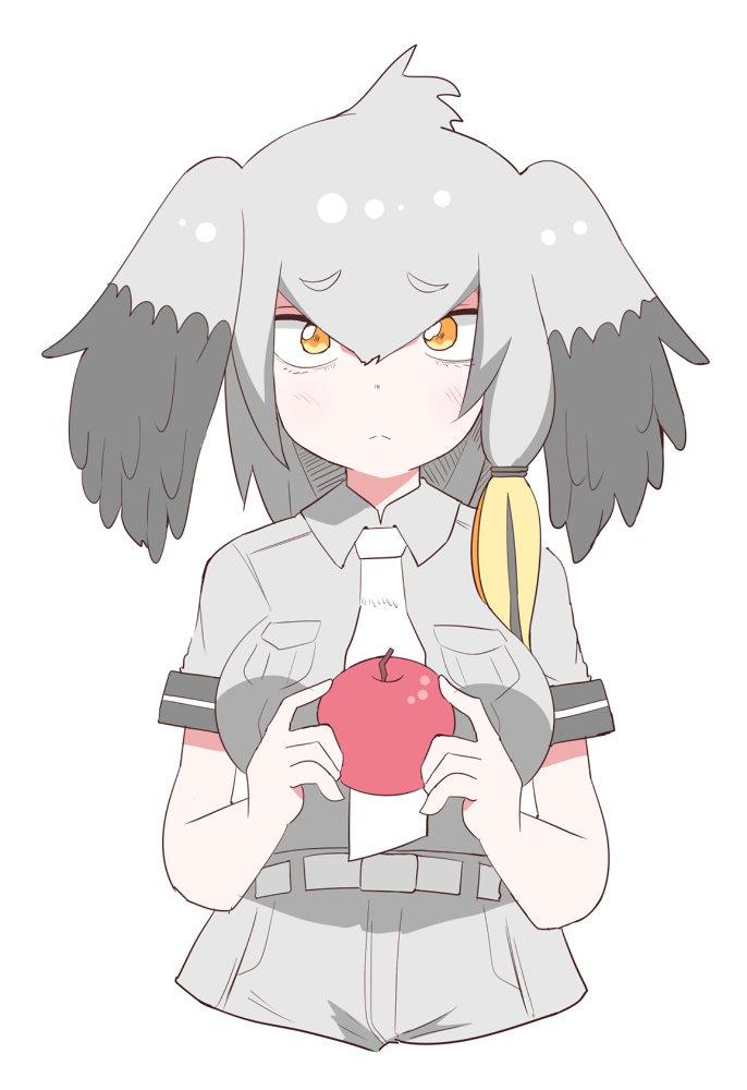 1girl apple blush breast_pocket eyebrows_visible_through_hair food frown fruit holding holding_food kemono_friends ko1mitaka looking_at_viewer multicolored_hair necktie pocket shoebill_(kemono_friends) short_sleeves solo