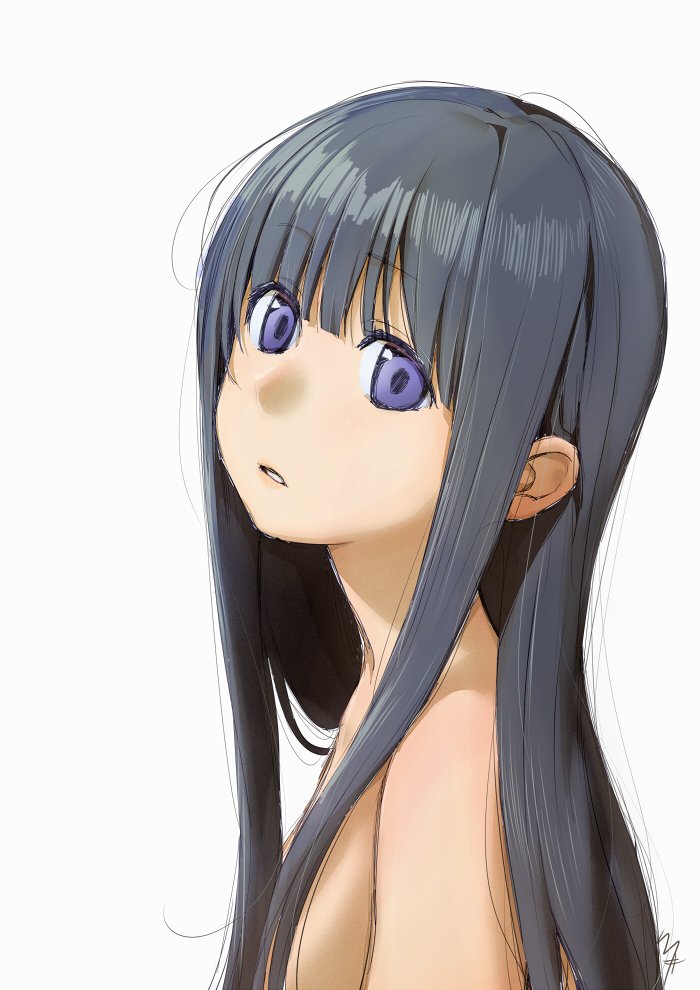 1girl bangs black_hair blunt_bangs commentary_request copyright_request eyebrows_visible_through_hair from_side hair_over_breasts head_tilt kawai_makoto long_hair looking_at_viewer looking_to_the_side messy_hair nude parted_lips signature simple_background solo upper_body violet_eyes white_background