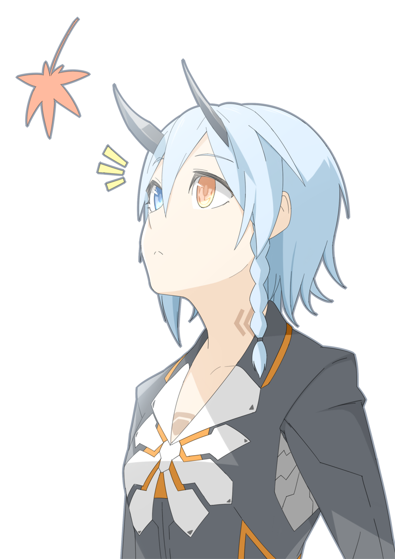 1girl bangs blue_eyes blue_hair braid breasts commentary_request heterochromia horns io_(pso2) jacket orange_eyes phantasy_star phantasy_star_online phantasy_star_online_2 shiver_(siva-hl) short_hair solo