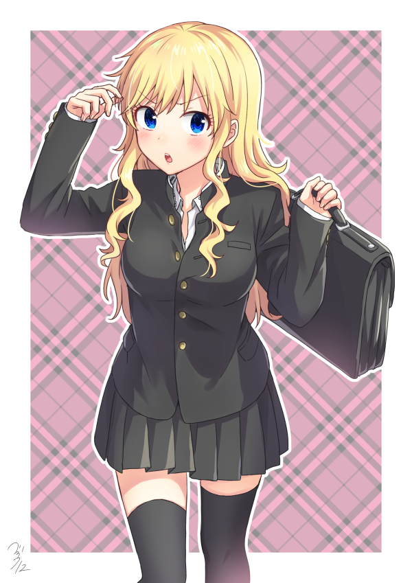 1girl :o arm_up bekkourico black_jacket black_legwear black_skirt blonde_hair blue_eyes blush breasts briefcase buttons checkered checkered_background collared_shirt eyebrows_visible_through_hair holding holding_briefcase idolmaster idolmaster_cinderella_girls jacket long_hair long_sleeves looking_at_viewer medium_breasts miniskirt ootsuki_yui open_mouth outline pleated_skirt school_briefcase school_uniform shiny shiny_hair shirt sidelocks skirt solo thigh-highs v-shaped_eyebrows wavy_hair white_border white_outline white_shirt zettai_ryouiki