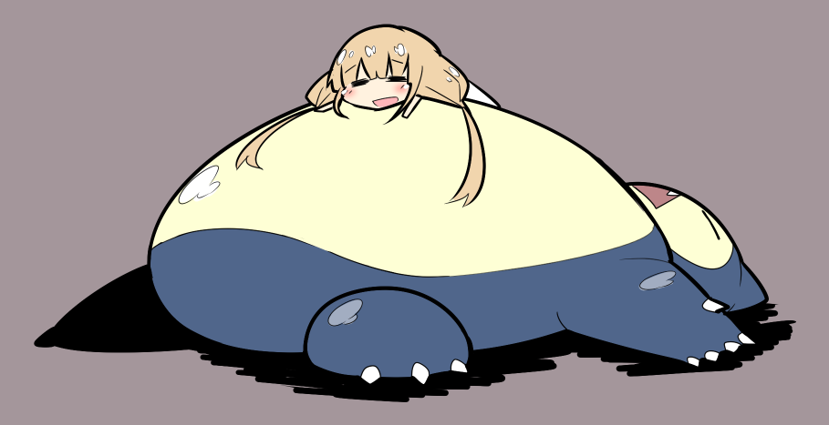 1girl :d =_= bangs batsu blush closed_eyes commentary_request eyebrows_visible_through_hair facing_viewer fang futaba_anzu grey_background idolmaster idolmaster_cinderella_girls long_hair low_twintails lying open_mouth pokemon pokemon_(creature) simple_background sleeping smile snorlax twintails wide_face