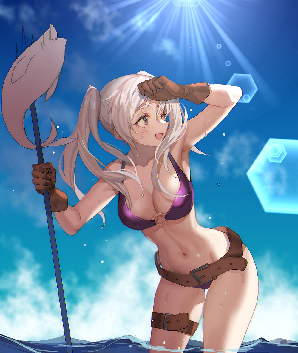 1girl ;d arm_up armpits belt beltskirt bikini blue_sky blush breasts brown_eyes brown_gloves cleavage cowboy_shot day female_my_unit_(fire_emblem:_kakusei) fire_emblem fire_emblem:_kakusei fish gloves hand_on_forehead leaning_forward lens_flare long_hair looking_away looking_to_the_side medium_breasts my_unit_(fire_emblem:_kakusei) navel o-ring_bikini o-ring_top one_eye_closed open_mouth outdoors polearm purple_bikini shading_eyes silver_hair sky smile solo standing sunlight swimsuit thigh_strap thighs trident twintails wading water weapon wet zuizi