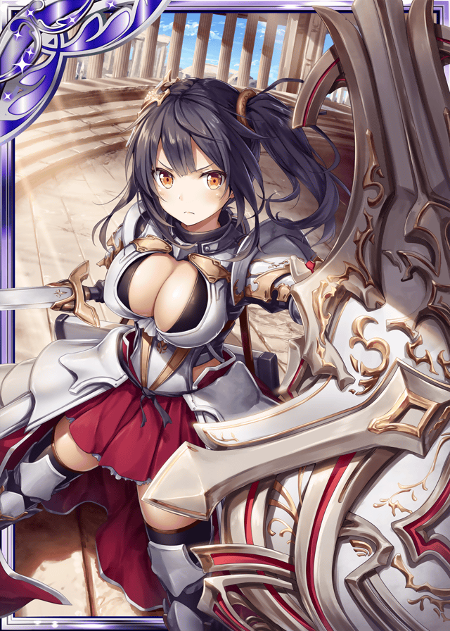 1girl akkijin armor blue_sky breasts card_(medium) frilled_skirt frills hair_ornament indoors large_breasts looking_at_viewer official_art orange_eyes purple_hair serious shield shinkai_no_valkyrie skirt sky solo sunlight sword temple thigh-highs weapon