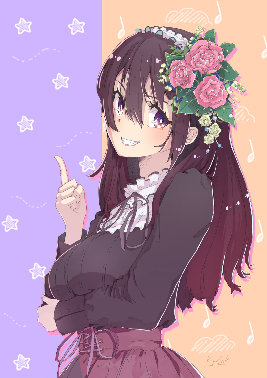1girl :d black_ribbon black_shirt blush breasts bright_pupils brown_hair crochet flower frilled_hairband frilled_shirt_collar frills from_side gradient_hair grin hair_between_eyes hair_ornament highres index_finger_raised kagawa_yuusaku leaf_hair_ornament long_hair long_sleeves looking_at_viewer looking_to_the_side medium_breasts multicolored_hair musical_note neck_ribbon open_mouth original pink_flower pink_rose purple_hair purple_skirt ribbon rose shiny shiny_hair shirt signature skirt smile solo star starry_background tareme teeth two-tone_background upper_body violet_eyes