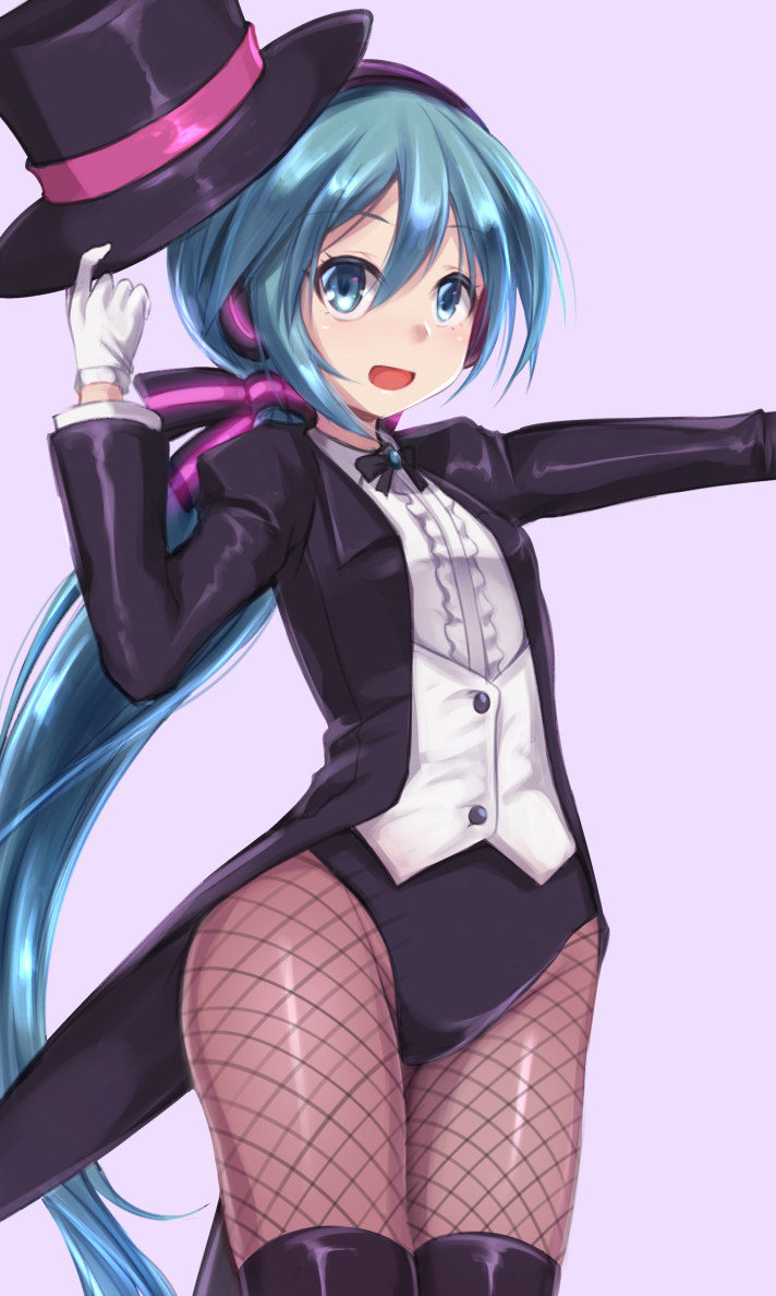 1girl :d aqua_hair black_hat black_legwear blue_eyes brown_legwear fishnet_pantyhose fishnets formal gloves hat hatsune_miku long_hair looking_at_viewer miracle_paint_(vocaloid) open_mouth out_of_frame pantyhose ponytail project_diva project_diva_(series) shimo_(depthbomb) smile solo standing suit thigh-highs vest vocaloid white_gloves