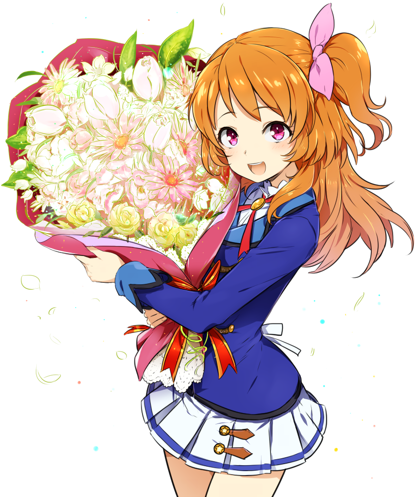 1girl :d aikatsu! blush bouquet brown_hair commentary flower hair_ribbon happy happy_birthday looking_at_viewer minatsuki_randoseru one_side_up oozora_akari open_mouth pink_eyes pink_ribbon ribbon school_uniform smile solo starlight_academy_uniform