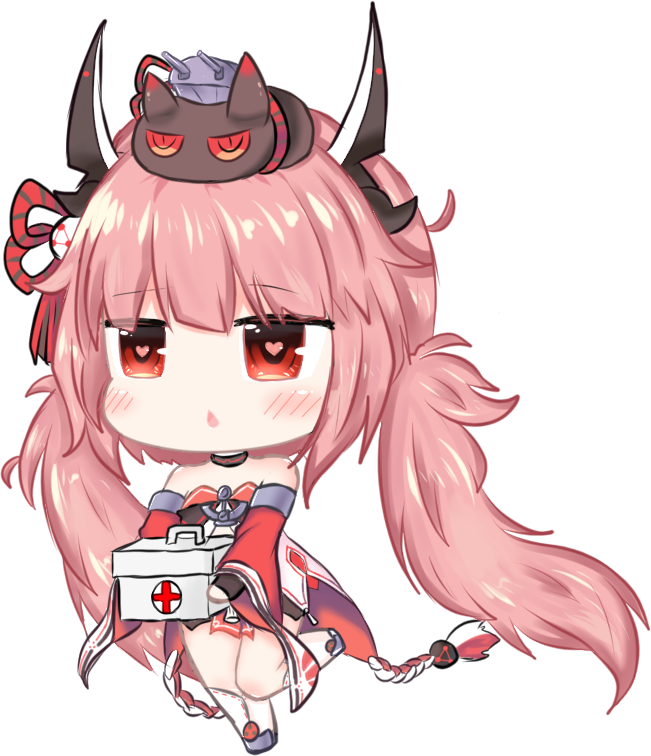 1girl azur_lane bailingxiao_jiu bangs bare_shoulders black_choker blush cannon chestnut_mouth chibi choker commentary_request cross detached_sleeves eyebrows_visible_through_hair first_aid_kit full_body grey_footwear hair_between_eyes hair_ornament hamakaze_(azur_lane) headgear heart heart-shaped_pupils holding kneehighs long_hair long_sleeves looking_away parted_lips pink_hair red_eyes red_skirt simple_background skirt solo strapless symbol-shaped_pupils turret twintails very_long_hair walking white_background white_legwear wide_sleeves