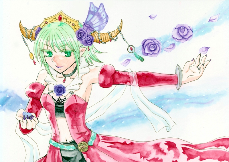 1girl asellus_(saga_frontier) breasts calligraphy_brush_(medium) commentary_request dress flower green_hair nib_pen_(medium) rose saga saga_frontier short_hair smile solo traditional_media watercolor_(medium)