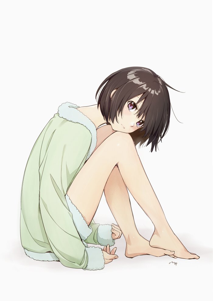 1girl bare_legs barefoot blush brown_hair closed_mouth commentary_request copyright_request full_body grey_background head_on_knees kawai_makoto long_sleeves looking_at_viewer short_hair signature simple_background sitting sleeves_past_wrists solo violet_eyes