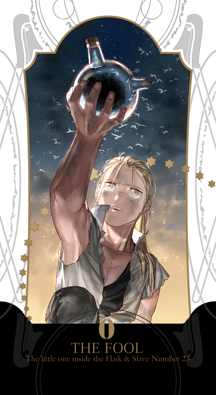 1boy arm_up black_shirt blonde_hair character_name commentary dirty dirty_clothes dirty_face expressionless fingernails fullmetal_alchemist highres holy_pumpkin long_hair looking_up male_focus open_mouth pants ponytail shirt sleeveless spoilers text van_hohenheim white_shirt yellow_eyes