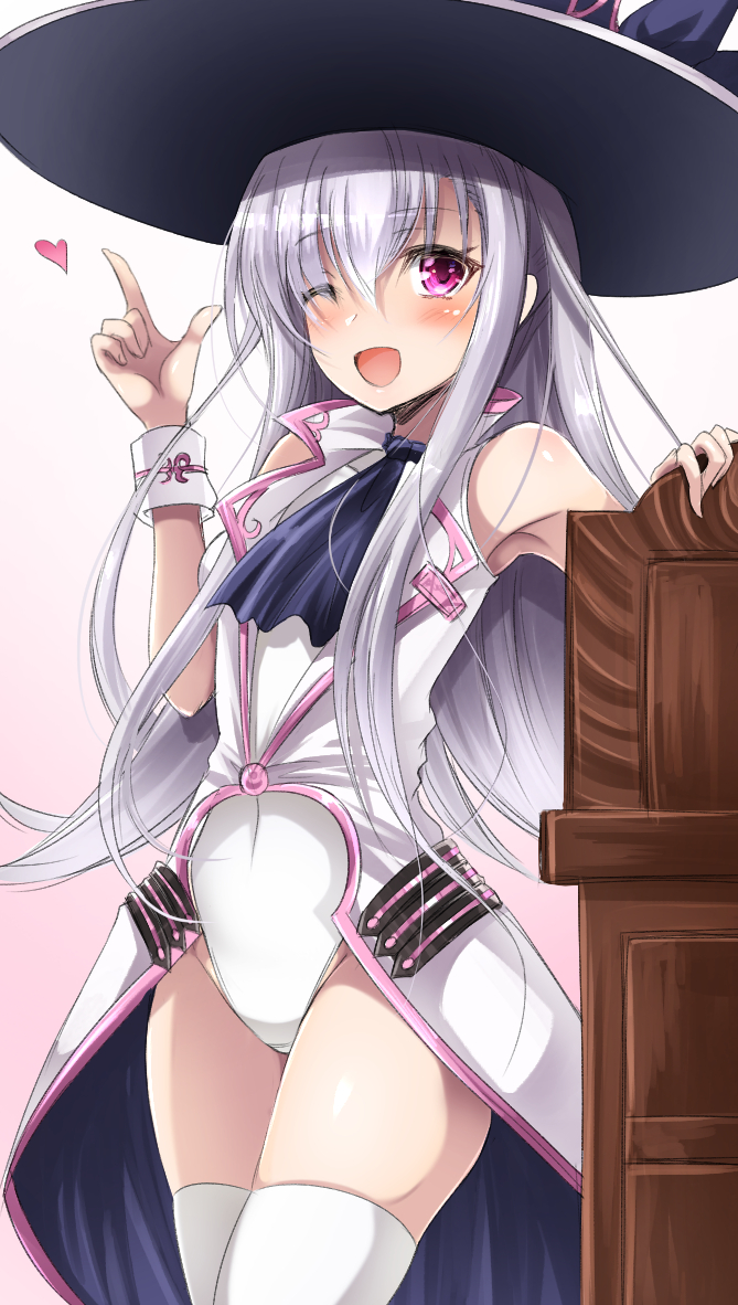 1girl ;d blush character_request copyright_request hat heart index_finger_raised leotard long_hair looking_at_viewer one_eye_closed open_mouth pink_eyes shimo_(depthbomb) smile solo standing thigh-highs white_hair white_legwear witch_hat wrist_cuffs
