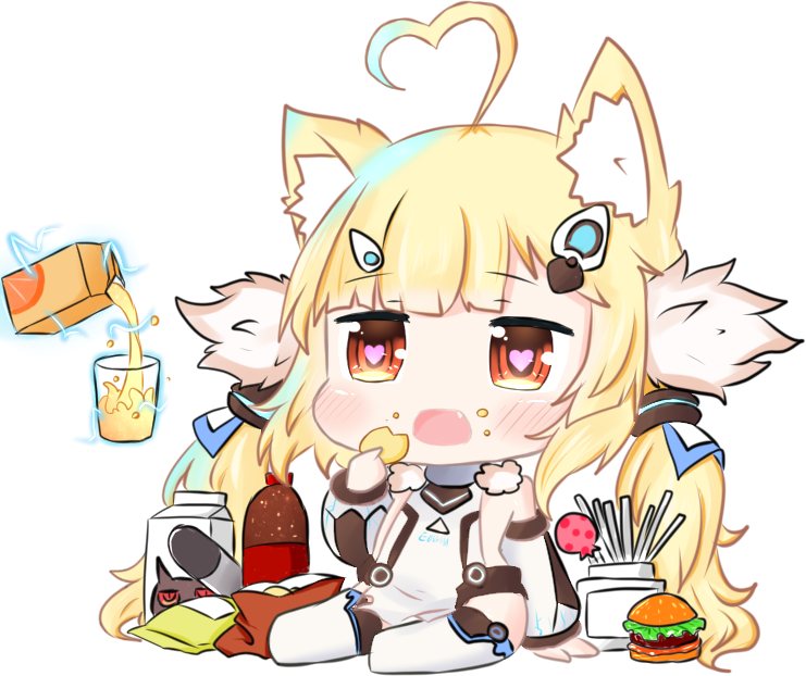 1girl ahoge animal_ears arm_support azur_lane bag_of_chips bailingxiao_jiu bangs bare_shoulders blonde_hair brown_eyes candy carton cat_ears chibi chips commentary_request cup detached_sleeves dress drinking_glass eldridge_(azur_lane) electricity eyebrows_visible_through_hair fang food food_on_face full_body fur_trim hair_ornament hamburger heart heart-shaped_pupils heart_ahoge holding juice juice_box lollipop long_hair long_sleeves open_mouth potato_chips puffy_long_sleeves puffy_sleeves simple_background sitting soda_bottle solo symbol-shaped_pupils thigh-highs torpedo twintails very_long_hair white_background white_dress white_legwear