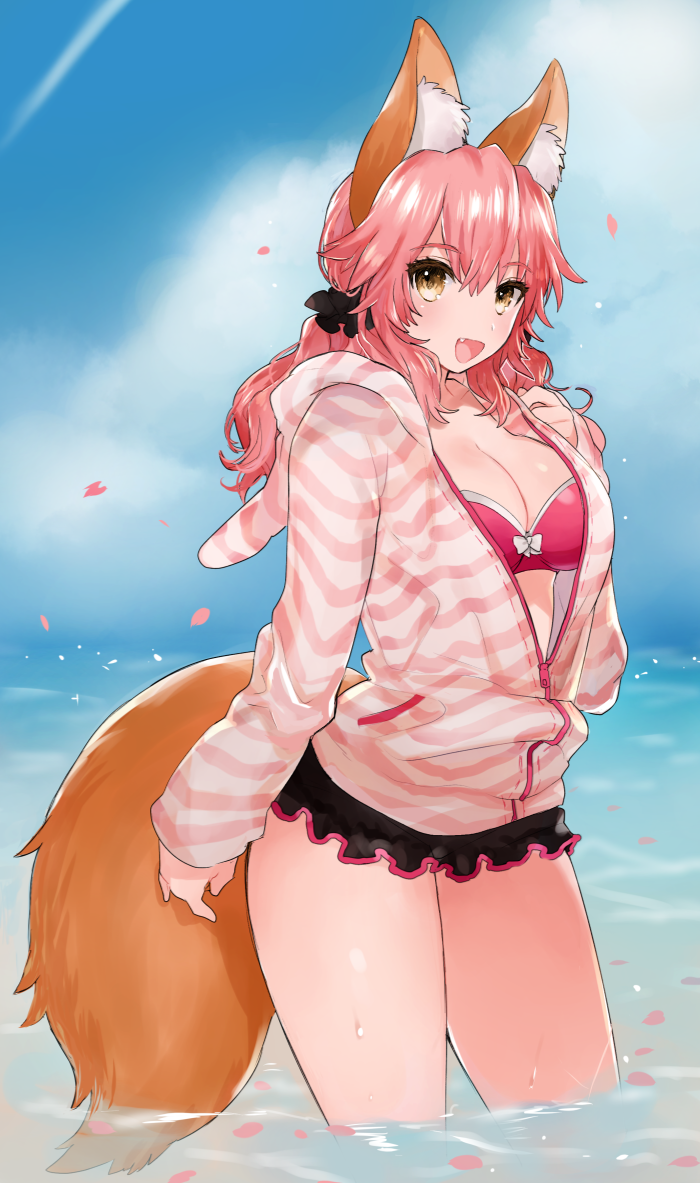 1girl :d animal_ears bikini blush breasts cleavage clouds day eyebrows_visible_through_hair fang fate/extra fate/extra_ccc fate_(series) fox_ears fox_tail hood hoodie large_breasts long_hair looking_at_viewer miyako_(xxxbibit) open_mouth outdoors pink_hair revision smile solo swimsuit tail tamamo_(fate)_(all) tamamo_no_mae_(fate) water yellow_eyes zipper