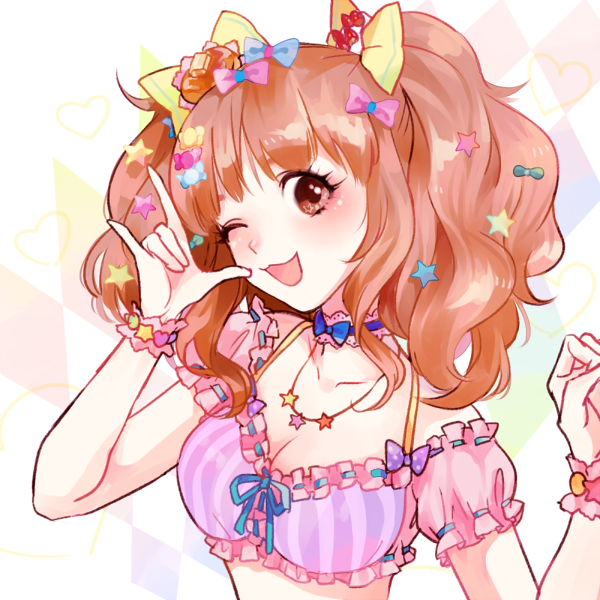 1girl :3 :d \m/ argyle argyle_background bangs bare_shoulders blue_bow blue_choker blue_ribbon blush bow breasts brown_eyes brown_hair choker cleavage clenched_hand collarbone commentary_request crop_top eyelashes frilled_sleeves frills front-tie_top hair_bow hair_ornament head_tilt idolmaster idolmaster_cinderella_girls jewelry lace-trimmed_choker long_hair looking_at_viewer medium_breasts midriff moroboshi_kirari necklace one_eye_closed open_mouth poco24 puffy_short_sleeves puffy_sleeves purple_bow ribbon ribbon-trimmed_sleeves ribbon_trim short_sleeves simple_background skinny smile solo star star_hair_ornament star_necklace striped two_side_up upper_body vertical_stripes wavy_hair white_background wrist_cuffs yellow_bow