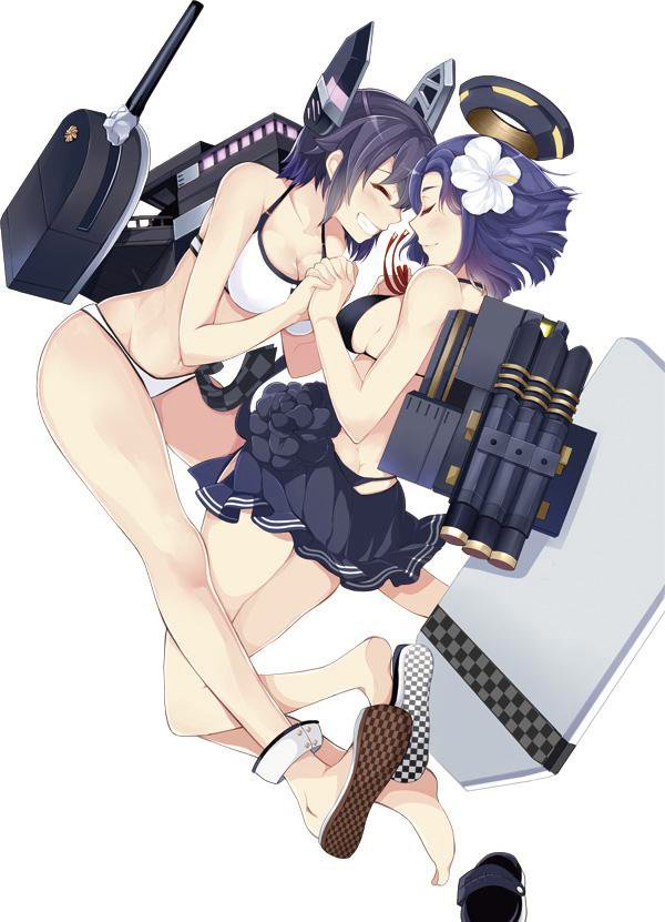 2girls ass bikini bikini_skirt blush breasts cleavage closed_eyes commentary_request face-to-face facing_another flower footwear_removed grin hair_flower hair_ornament hand_holding interlocked_fingers kantai_collection machinery mechanical_halo multiple_girls purple_hair sandal_removed sandals short_hair sideboob smile swimsuit tatsuta_(kantai_collection) tenryuu_(kantai_collection) teramoto_kaoru torpedo_tubes turret white_background white_bikini white_flower