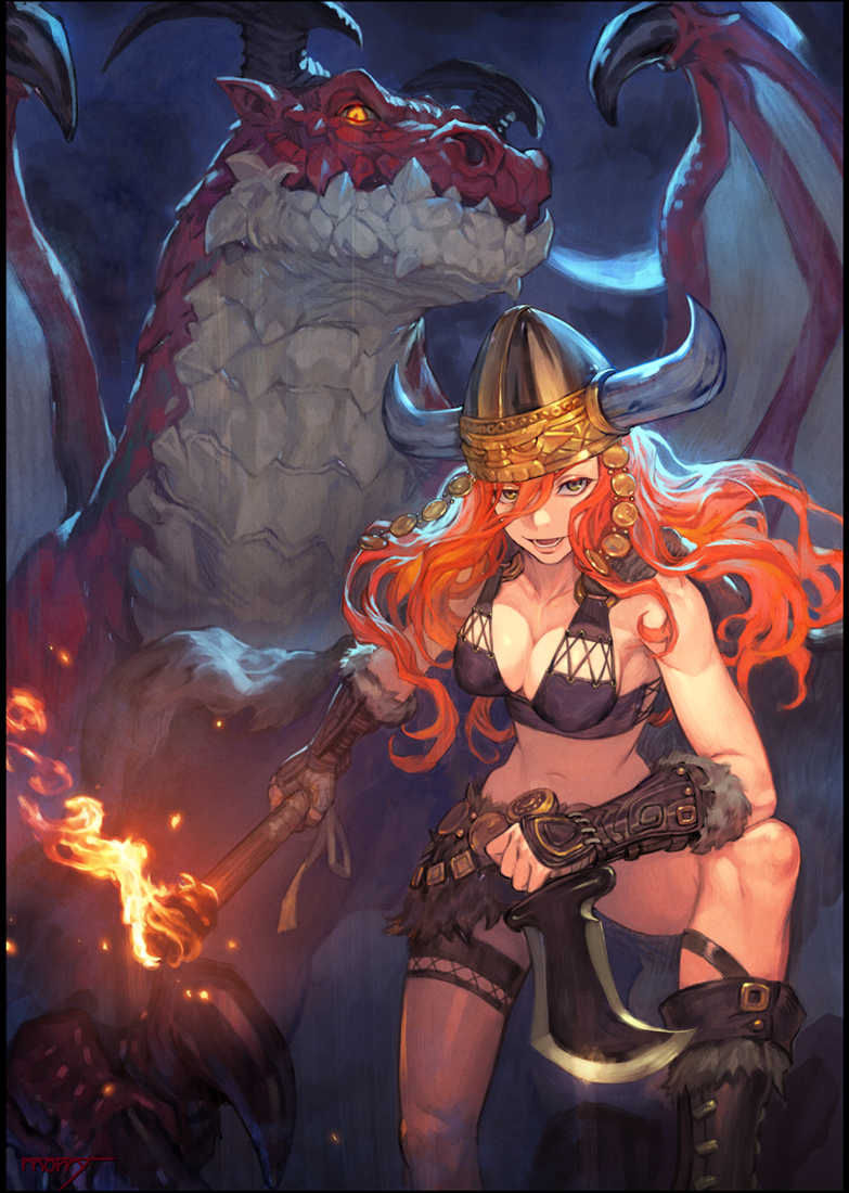 1girl dagger dragon helmet long_hair na_in-sung orange_hair original viking weapon