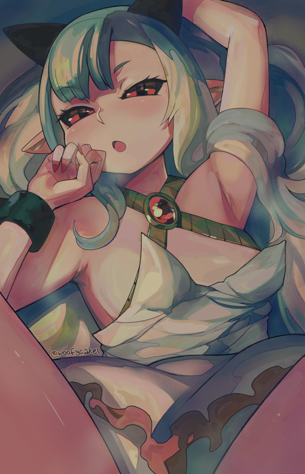 1girl aqua_hair breasts disgaea eric_muentes fingernails long_hair looking_at_viewer lying nail_polish on_back open_mouth pointy_ears red_eyes red_nails sharp_fingernails small_breasts solo spread_legs