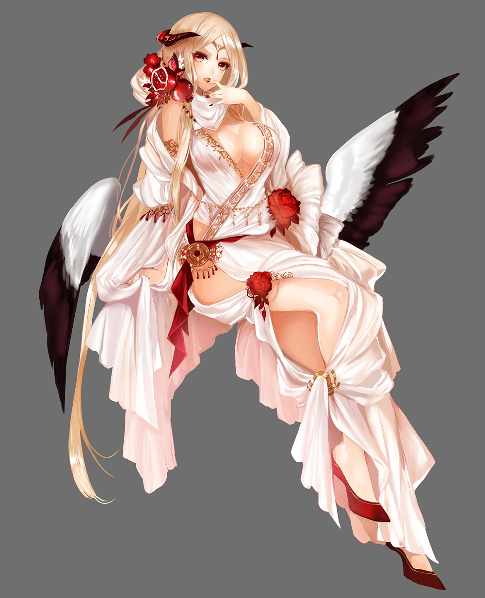 1girl apt blonde_hair breasts cleavage feathered_wings flower food fruit full_body grey_background gyakushuu_no_fantasica highres horns large_breasts long_hair official_art open_mouth pomegranate red_eyes simple_background sitting solo wings
