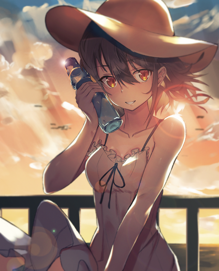 1girl arm_at_side asuzemu bangs bare_shoulders blue_ribbon blurry breasts brown_hair clouds cloudy_sky collarbone depth_of_field dress eyebrows_visible_through_hair hair_between_eyes hand_up hat holding lens_flare looking_at_viewer original outdoors parted_lips railing ramune ribbon short_hair sky small_breasts solo standing sun_hat sundress sunset white_dress window yellow_eyes