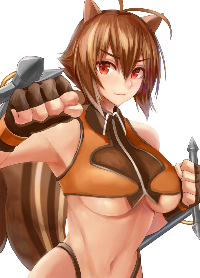 1girl animal_ears antenna_hair black_panties blazblue breasts brown_hair clenched_hands crop_top dual_wielding eyebrows_visible_through_hair fingerless_gloves gloves highleg highleg_panties kaeru_(meriruou) large_breasts looking_at_viewer makoto_nanaya multicolored_hair navel no_pants orange_eyes panties revealing_clothes short_hair solo squirrel_ears squirrel_tail tail tonfa two-tone_hair under_boob underwear upper_body weapon white_background