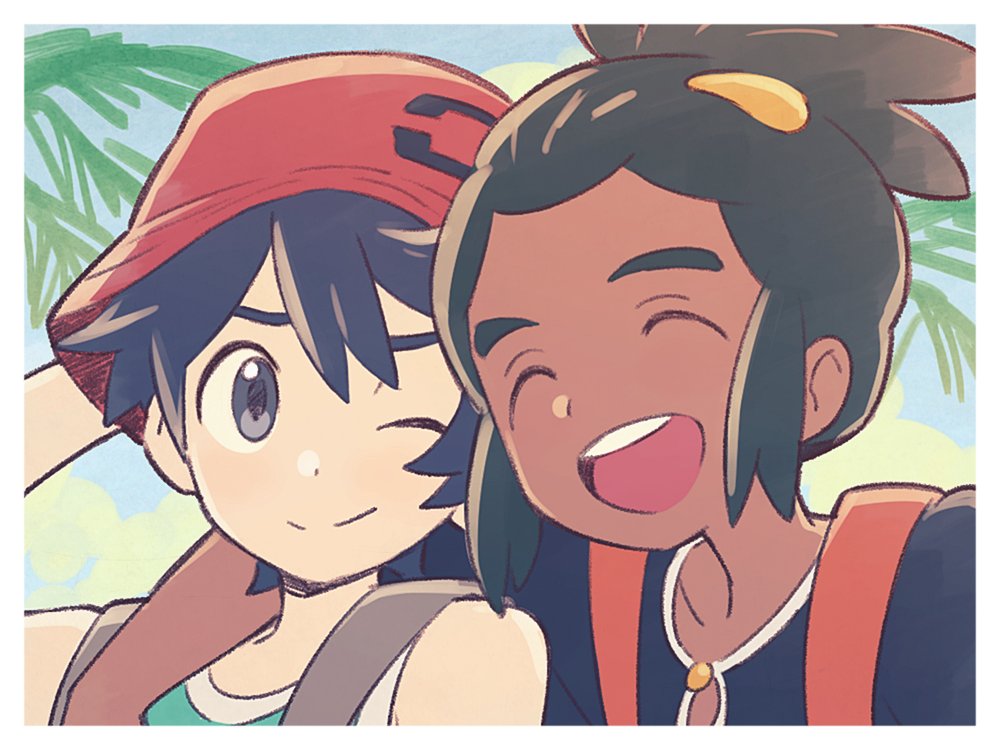 2boys agata_(agatha) black_hair blue_shirt blue_sky bucket_hat close-up dark_skin dark_skinned_male green_hair hair_ornament hairclip hat hau_(pokemon) male_focus multiple_boys pokemon pokemon_(game) pokemon_ultra_sm shirt sky smile tank_top topknot you_(pokemon_ultra_sm)