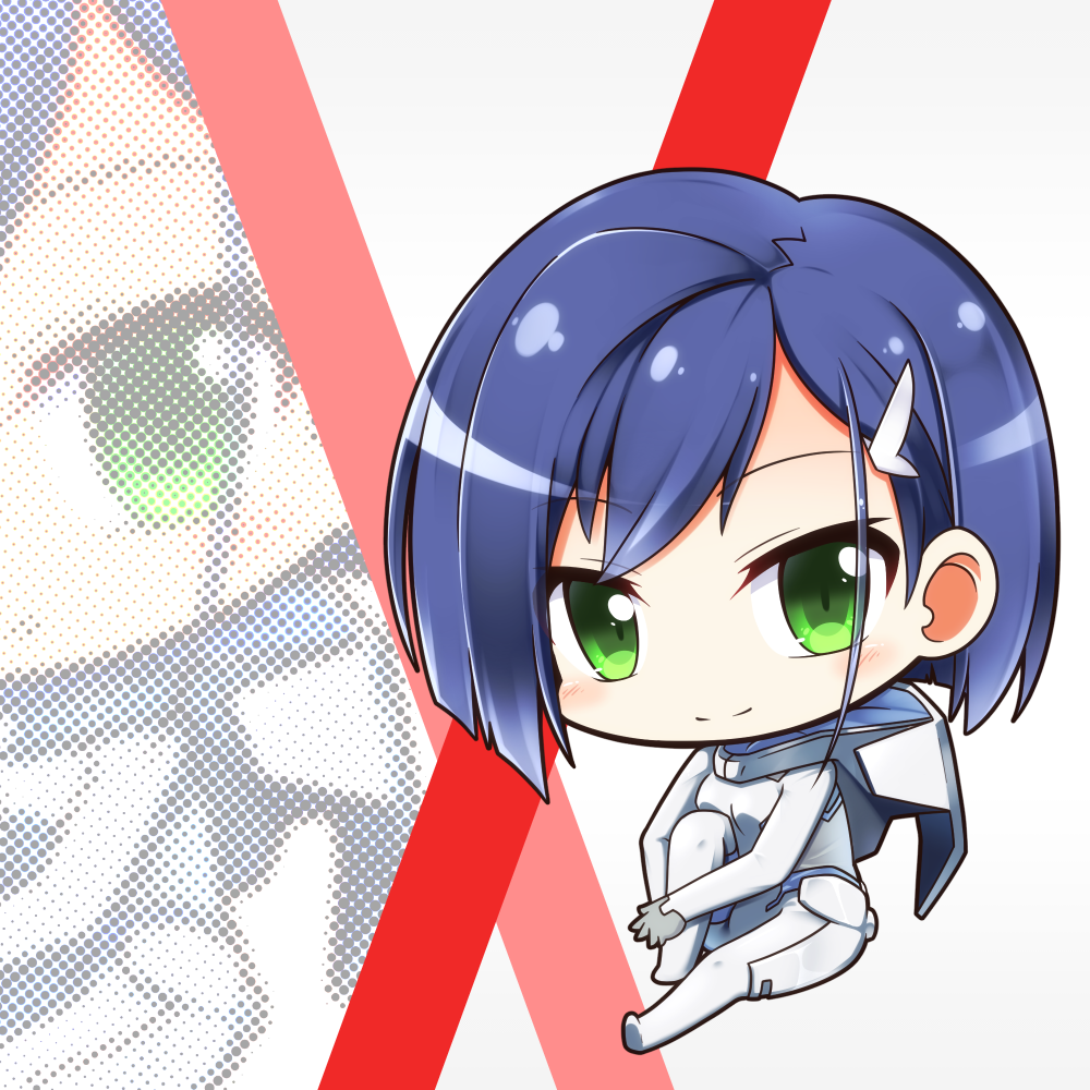 1girl bangs blue_hair blush bodysuit breasts chibi closed_mouth commentary_request darling_in_the_franxx eyebrows_visible_through_hair green_eyes hair_ornament ichigo_(darling_in_the_franxx) looking_at_viewer medium_breasts pilot_suit shachoo. short_hair sitting smile solo white_bodysuit zoom_layer