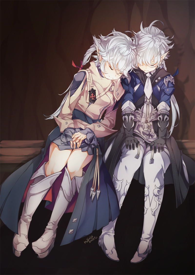 1boy 1girl alisaie_leveilleur alphinaud_leveilleur boots brother_and_sister closed_eyes earrings elezen elf final_fantasy final_fantasy_xiv gloves head_on_another's_shoulder jewelry long_coat long_hair pointy_ears rue_(ruenis_chronowing) siblings sitting sleeping smile white_hair