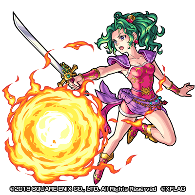 boots bracer final_fantasy final_fantasy_vi fire fireball green_hair looking_at_viewer lowres monster_strike official_art open_mouth sash skirt solo sword tina_branford weapon