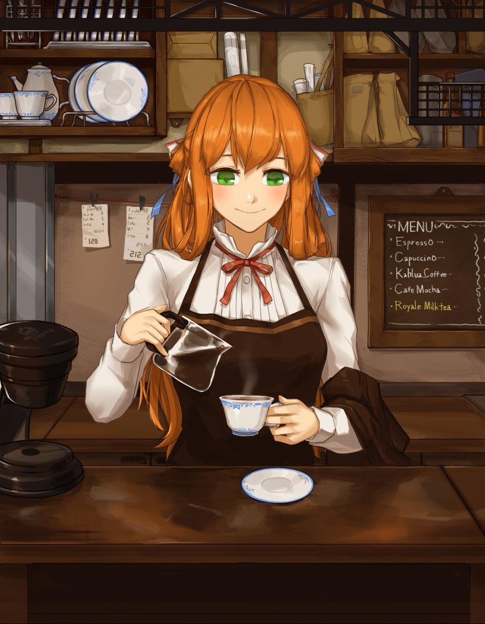 1girl bag blue_ribbon blush brown_apron brown_hair cafe closed_mouth cup english girls_frontline green_eyes hair_ribbon highres holding indoors long_hair long_sleeves m1903_springfield_(girls_frontline) menu mistcastle neck_ribbon paper plate red_ribbon ribbon saucer shelf shirt smile solo steam teacup teapot very_long_hair white_shirt