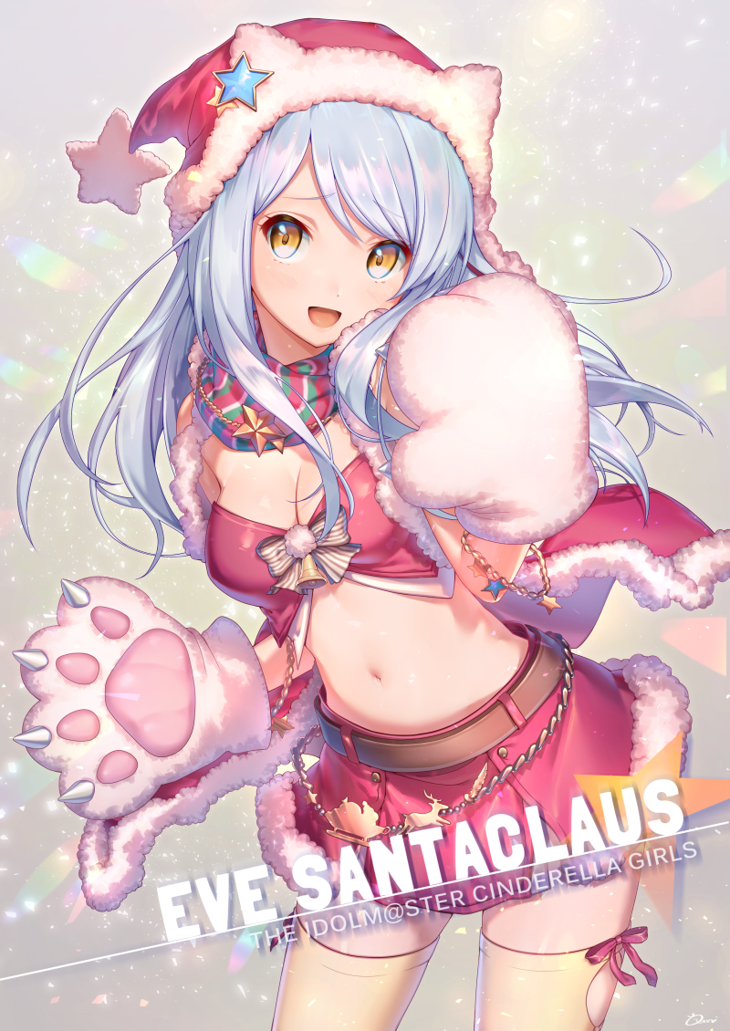 1girl :d artist_request bell belt breasts capelet cat_paws character_name cleavage commentary_request copyright_name cowboy_shot eve_santaclaus fur_trim gloves hat idolmaster idolmaster_cinderella_girls jewelry long_hair medium_breasts midriff navel necklace open_mouth paw_gloves paws red_ribbon ribbon santa_costume santa_hat scarf silver_hair skirt smile solo star star_hat_ornament star_necklace thigh-highs yellow_eyes zettai_ryouiki