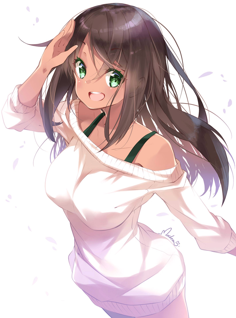 1girl :d arm_up bangs bare_shoulders blush bra_strap breasts brown_hair collarbone colored_eyelashes cowboy_shot dark_skin ears_visible_through_hair eyebrows_visible_through_hair from_above green_eyes hand_on_own_head large_breasts long_hair long_sleeves looking_at_viewer looking_up mocha_(naturefour) off-shoulder_sweater open_mouth original petals salute signature simple_background smile solo standing sweater swept_bangs tareme white_background white_sweater