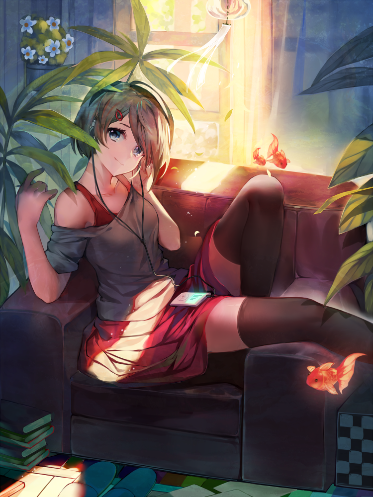 1girl animal armchair bare_shoulders black_hair black_legwear blue_eyes book chair closed_mouth collarbone commentary curtains day digital_media_player fish gendo0032 goldfish grey_shirt hair_ornament hairclip headphones indoors knee_up off_shoulder original plant potted_plant red_skirt shirt short_hair sitting skirt slippers solo sunlight thigh-highs undershirt wind_chime window